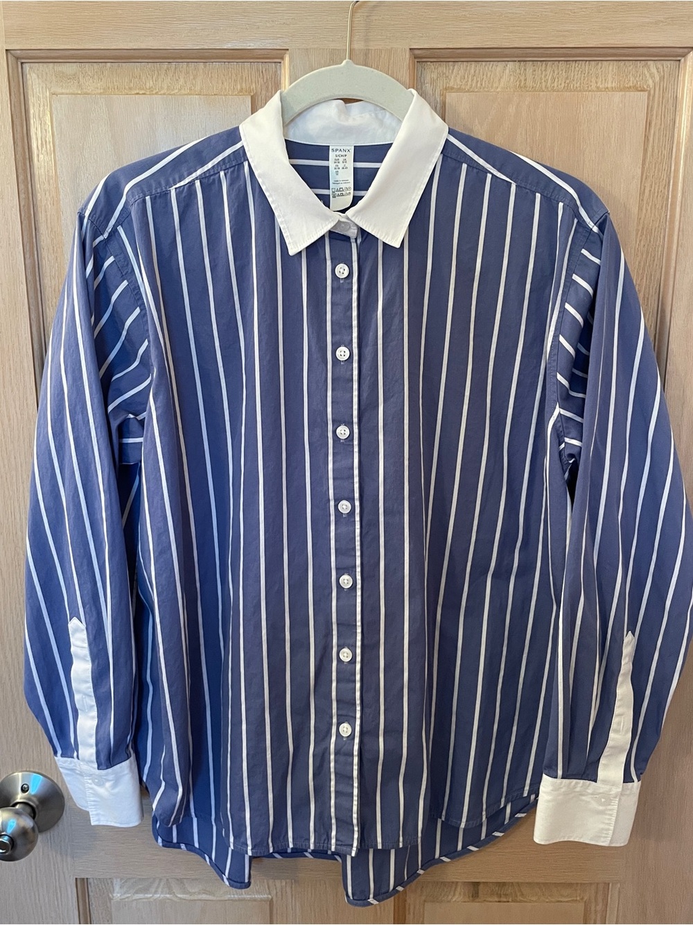 SPANX Navy and White Vertical Stripe Button-Down Shirt